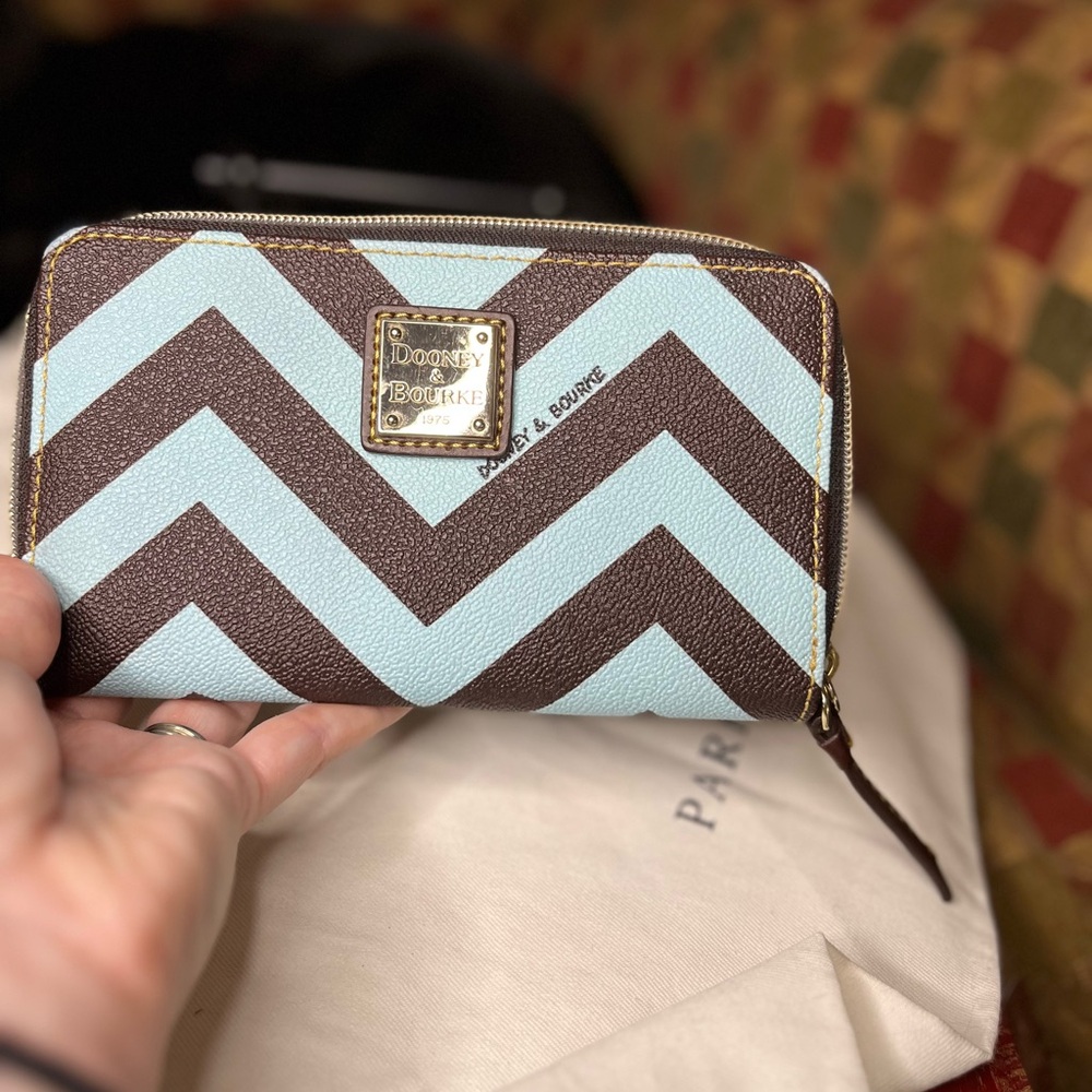 Dooney & Bourke Brown and Light Blue Chevron Wallet